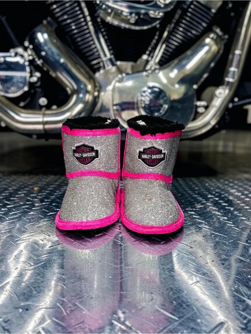 Harley Davidson Infant Rebel Girls Size 2/3 Boots Sparkly Crib Shoes EUC